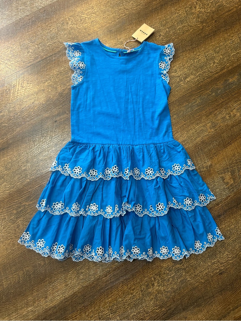 Mini Boden Bright Blue Eyelet Tiered Ruffle Dress 9-10